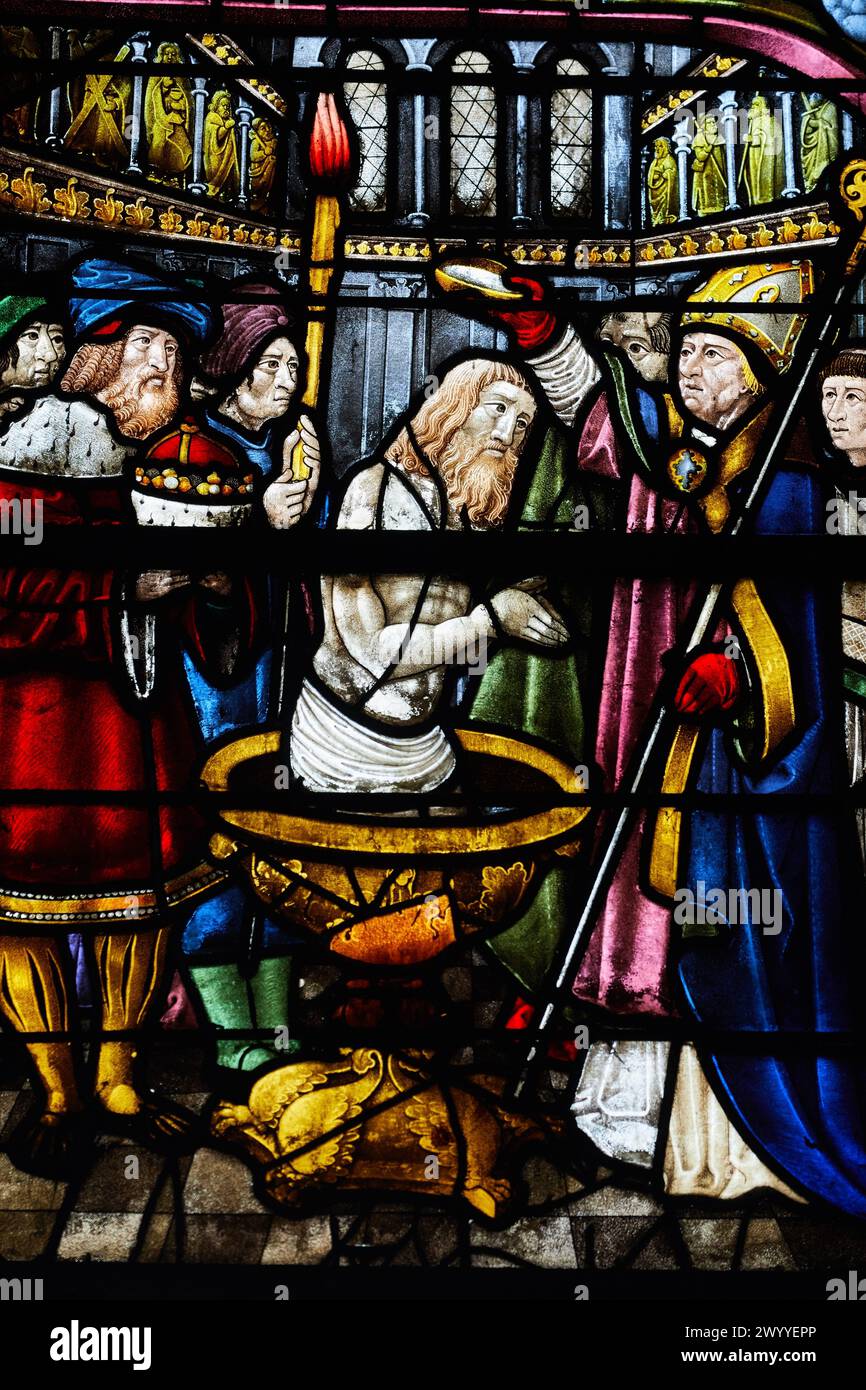 Le baptême, vetrate colorate, chiesa di Sainte-Madeleine, Troyes, regione Champagne-Ardenne, dipartimento Aube, Francia, Europa. Foto Stock