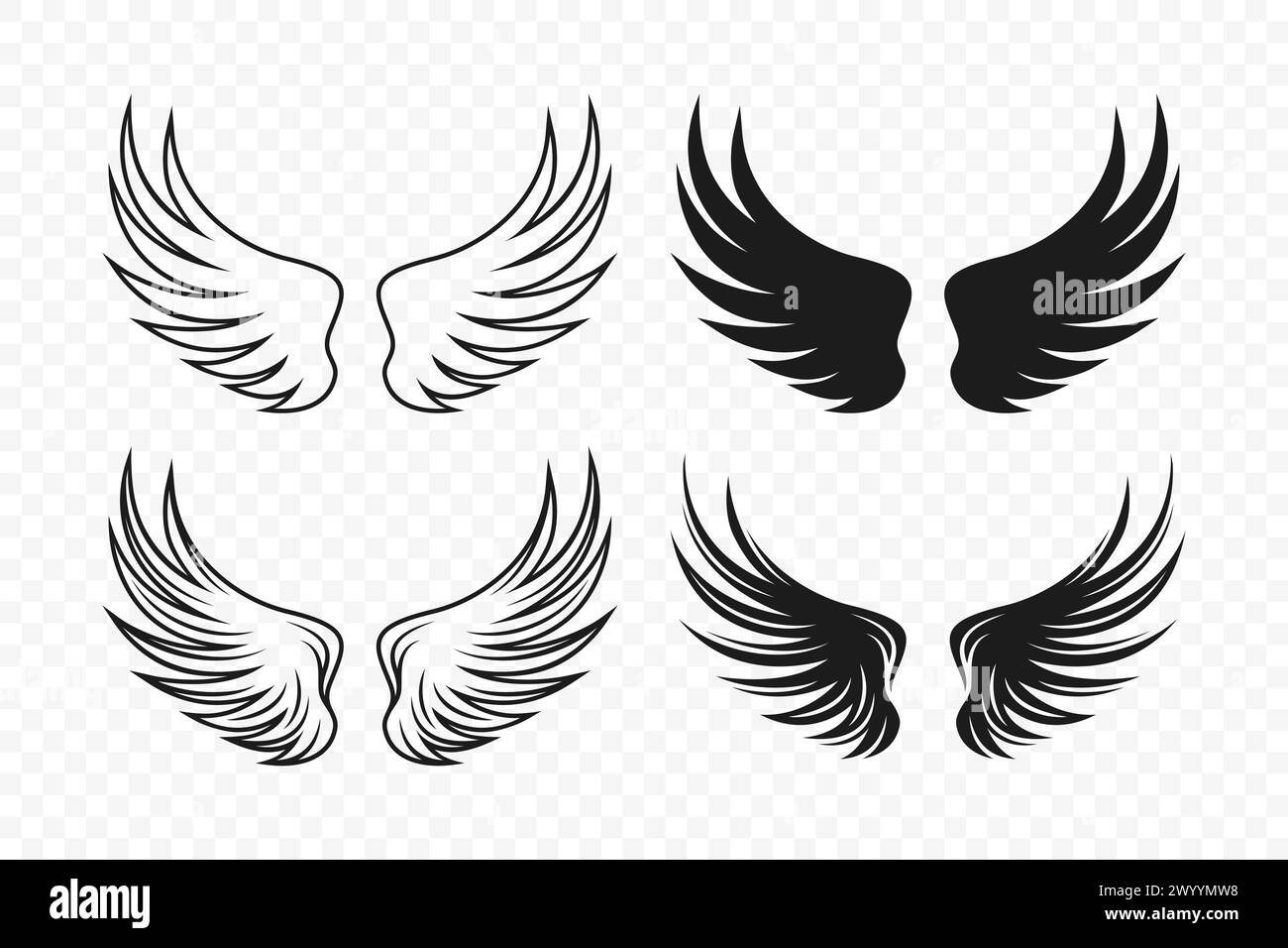 Ali vettoriali. Silhouette Angel Wings monocromatica nera. Modello di disegno, Clipart. Cupido, Bird Wings. Illustrazione vettoriale Illustrazione Vettoriale
