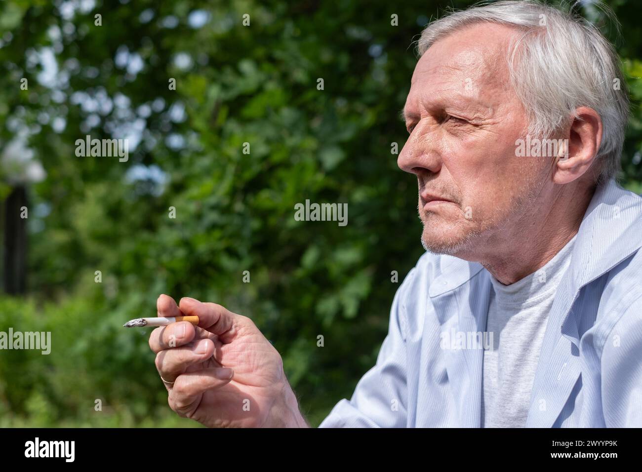 Un uomo anziano prende una briga da una sigaretta, avvolto nella serenità del suo giardino alberato, una giustapposizione di natura e abitudine. Foto di alta qualità Foto Stock