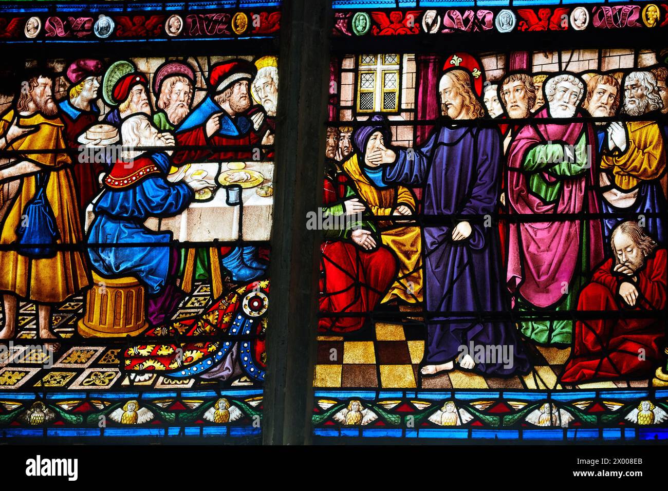 Vetrate colorate, chiesa di Sainte-Madeleine, Troyes, regione Champagne-Ardenne, dipartimento Aube, Francia, Europa. Foto Stock