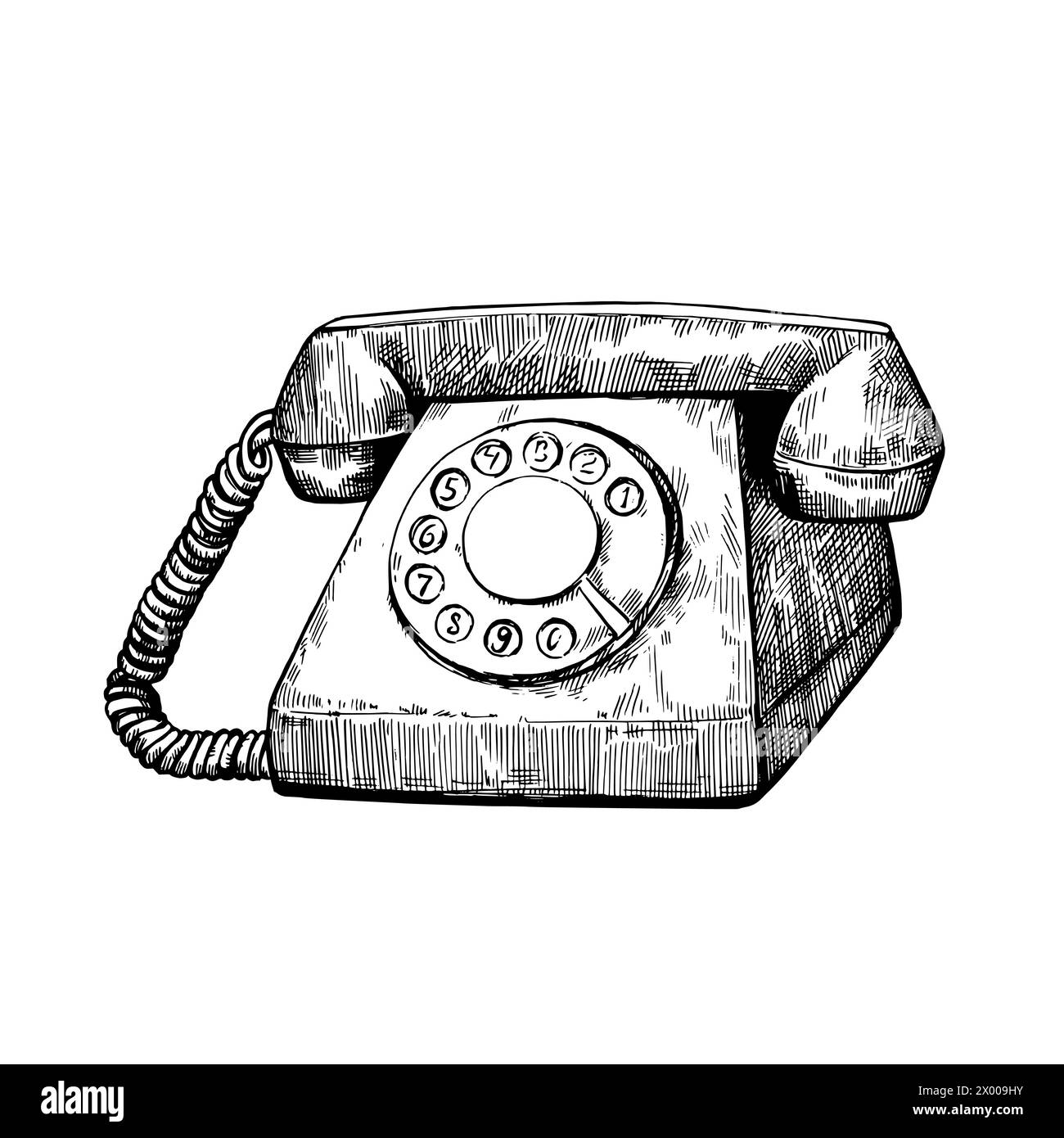 Telefono retrò con incisione vintage. Illustrazione vettoriale disegnata a mano isolata su sfondo bianco Illustrazione Vettoriale