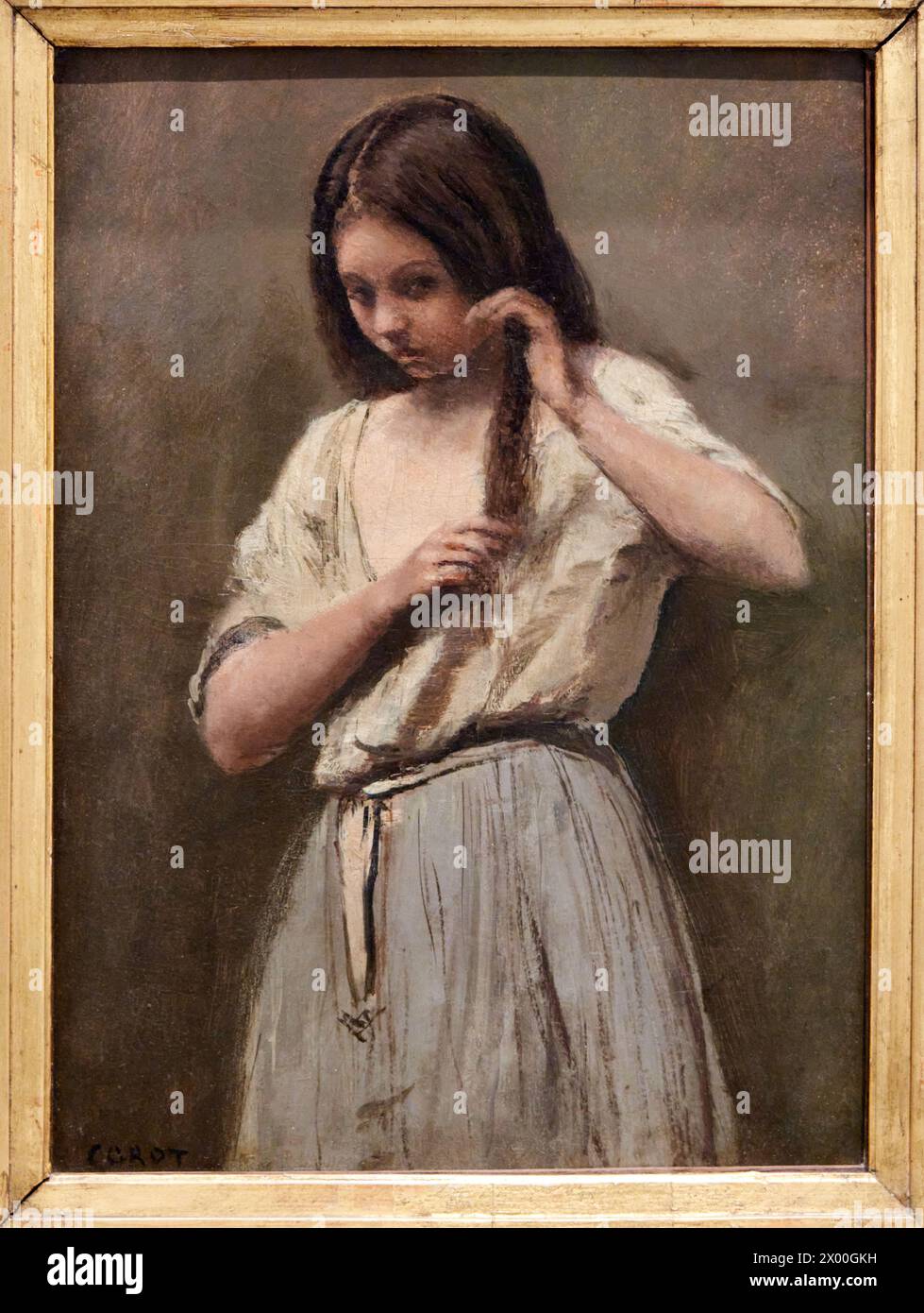 Jean-Baptiste Camille Corot, 1796-1875, Jeune fille à sa toilette, Young Girl at Her toilet, 1850-1875. , Museo Reina Sofia, Madrid, Spagna. Foto Stock