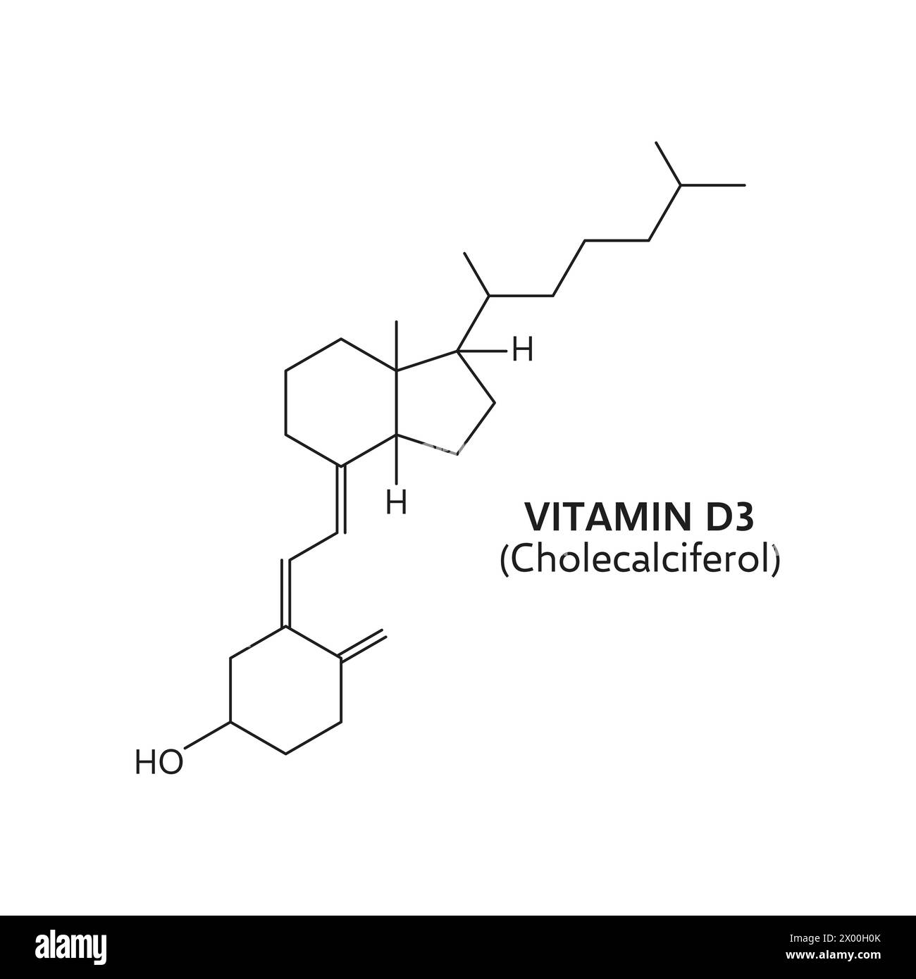 La vitamina d3, o colecalciferolo, presenta una struttura molecolare con una spina dorsale steroidea. La sua composizione comprende un sistema di anelli esaciclici essenziale per il suo ruolo nell'assorbimento del calcio e nella salute delle ossa Illustrazione Vettoriale