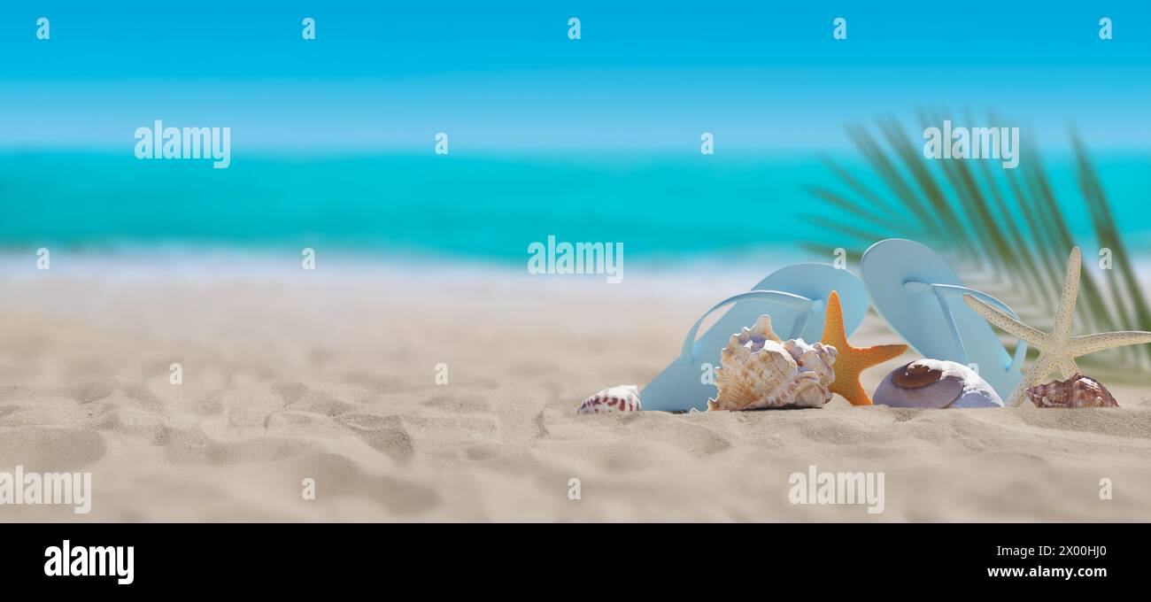 Spiaggia tropicale con conchiglie su sabbia pulita. rendering 3d. Foto Stock