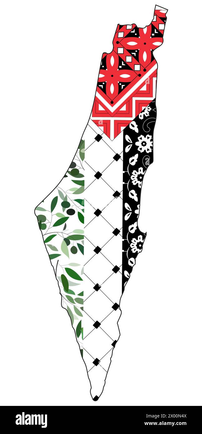 La mappa DELLA PALESTINA contiene bandiera di ornamenti e olive e sciarpa palestinese che chiamava in arabo kufiya, foglie di ulivo, post sui social media Foto Stock