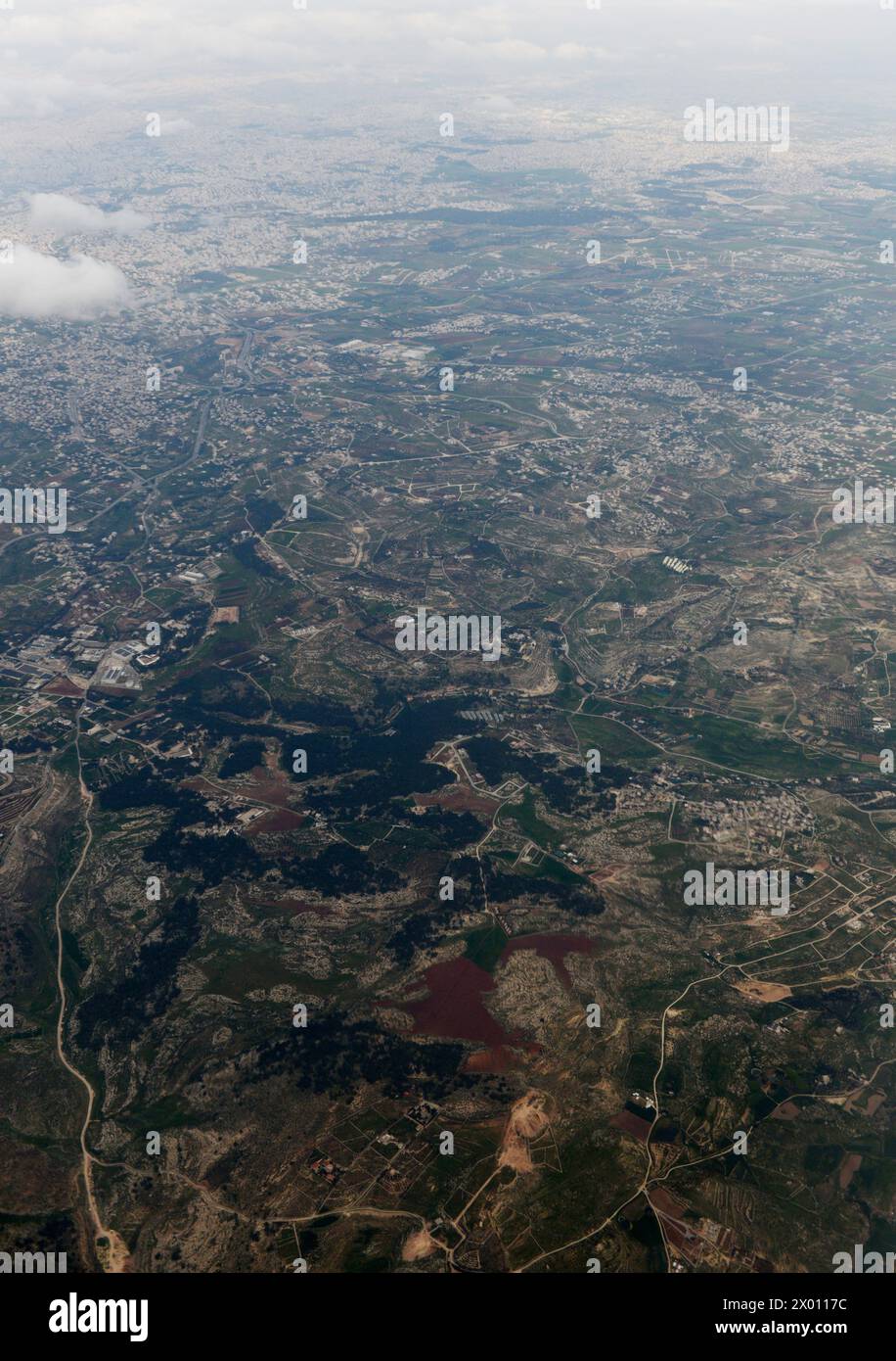 Vista aerea delle fattorie tra Madaba e Amman, Giordania. Foto Stock
