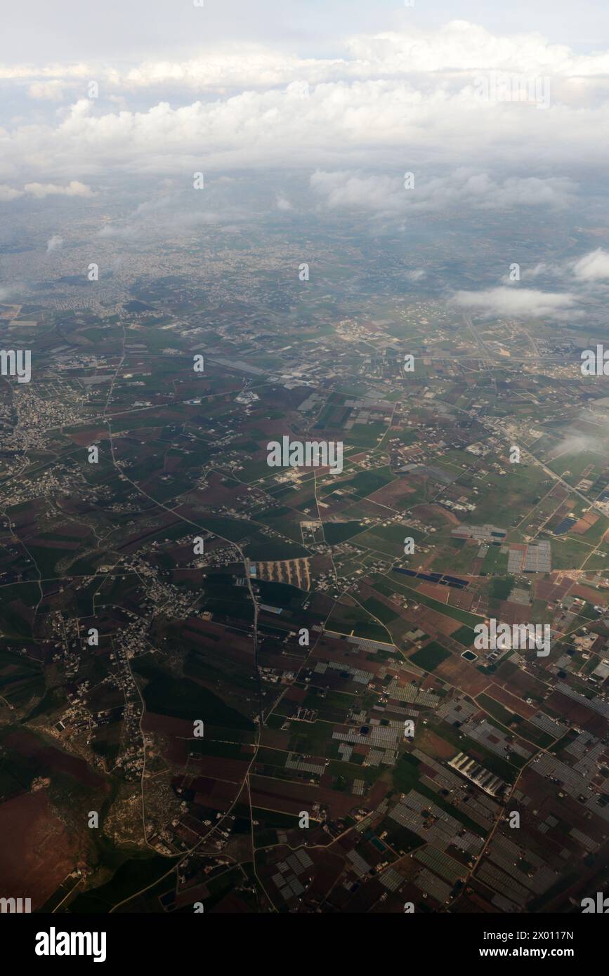 Vista aerea delle fattorie tra Madaba e Amman, Giordania. Foto Stock