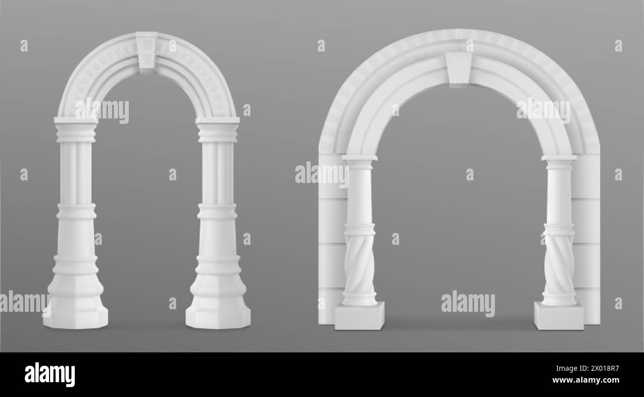 Antico arco romano in argilla bianca decorata. Serie di illustrazioni vettoriali 3d realistiche con colonna in pietra greca della porta dell'edificio del tempio o wi Illustrazione Vettoriale