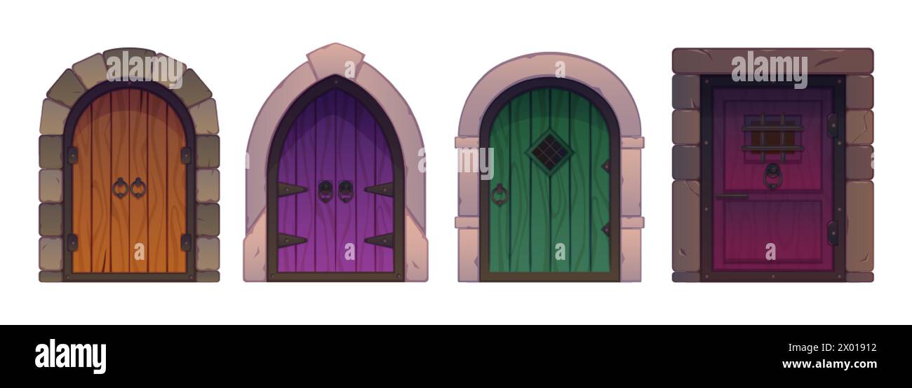 Porte medievali in legno isolate su sfondo bianco. Illustrazione vettoriale di elementi di design di edifici storici, portico in pietra, porta ad arco Illustrazione Vettoriale