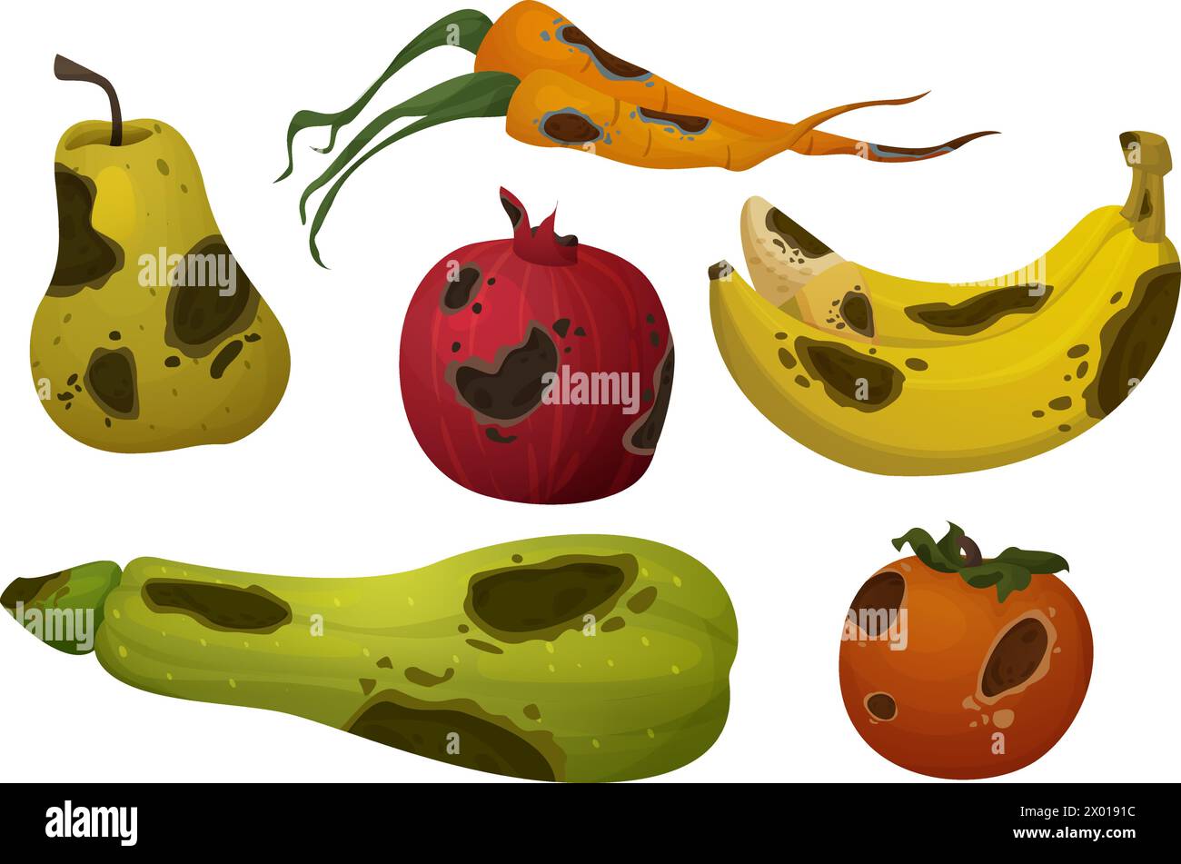 Marcire il cibo con marciume e muffa. Serie di illustrazioni vettoriali di frutta e verdura sporche e rovinate. Farina ammuffita danneggiata contaminata da spo fungina Illustrazione Vettoriale