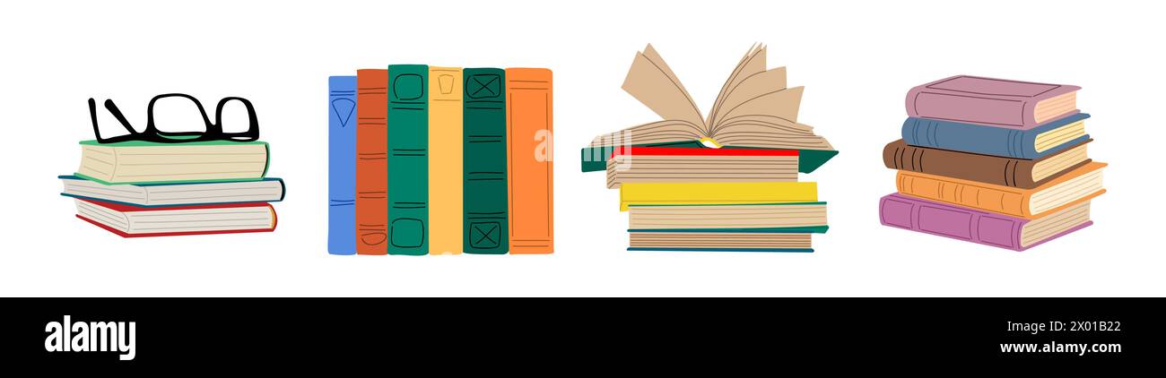 Pile di libri da leggere, pile di libri di testo. Illustrazione Vettoriale