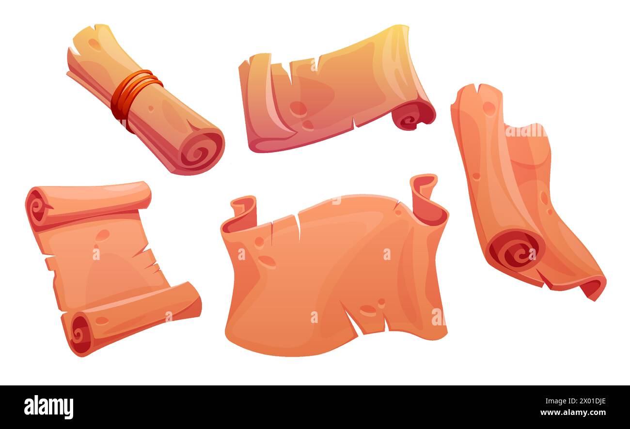 Pergamena di gioco magico per trovare la vecchia mappa con il tesoro. Set icone telaio rullo papiro. Vecchia carta vuota della procedura guidata per la clipart del messaggio o dell'annuncio. Foglio di stregoneria vuoto e pagina del manoscritto fantasy Illustrazione Vettoriale