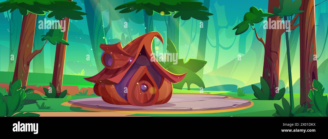 Casa da fiaba nella foresta estiva. Illustrazione vettoriale di una piccola capanna in legno con porta rotonda e finestra su una glade boschiva con erba verde e vecchi alberi alti, scenari di gioco nani fantasiosi Illustrazione Vettoriale