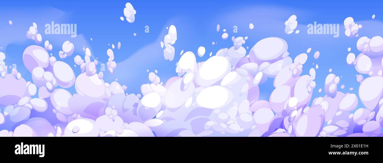 Cielo blu in stile anime con soffici nuvole. Illustrazione vettoriale di un bellissimo paesaggio nuvoloso per lo sfondo di un gioco di avventura, un volo magico da sogno, uno sfondo nuvoloso celestiale, cieli estivi, aria fresca Illustrazione Vettoriale