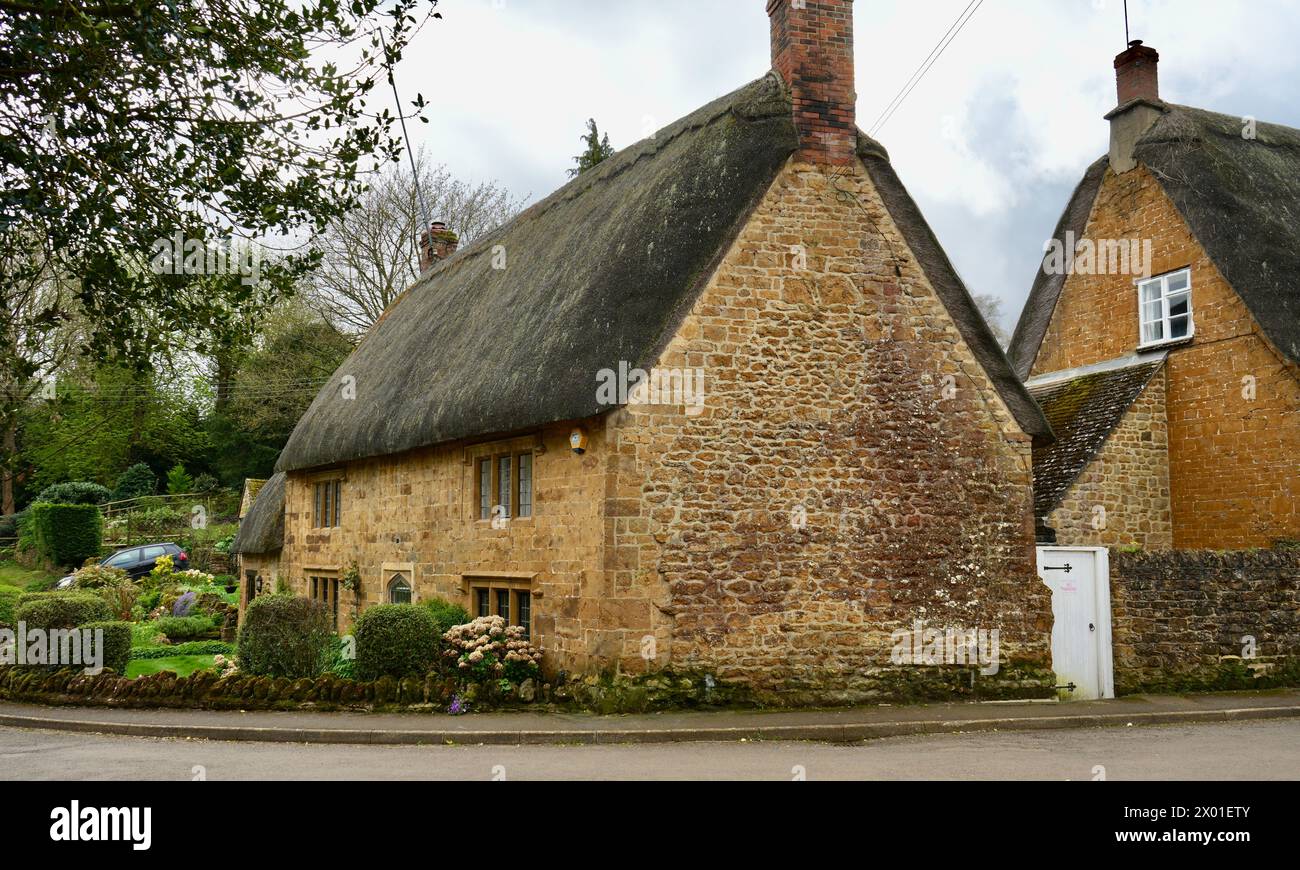 Splendidi cottage tradizionali con tetto in paglia in questo incantevole villaggio dell'Oxfordshire. Foto Stock
