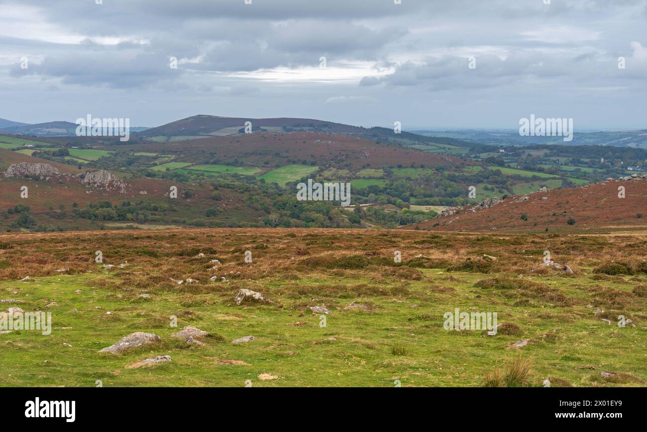 Una vista autunnale sul Parco Nazionale di Dartmoor da Harefoot Cross sulla B3387, guardando verso Haytor, Dartmoor, Devon, Inghilterra, REGNO UNITO Foto Stock