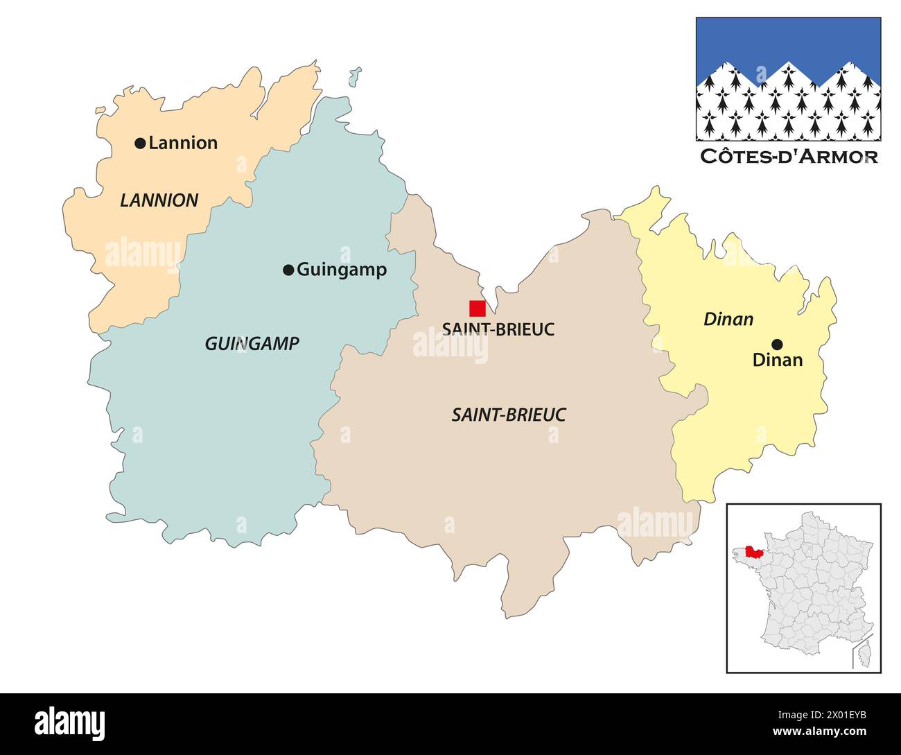 Mappa amministrativa del dipartimento bretone di Cotes d Armor, Francia Foto Stock