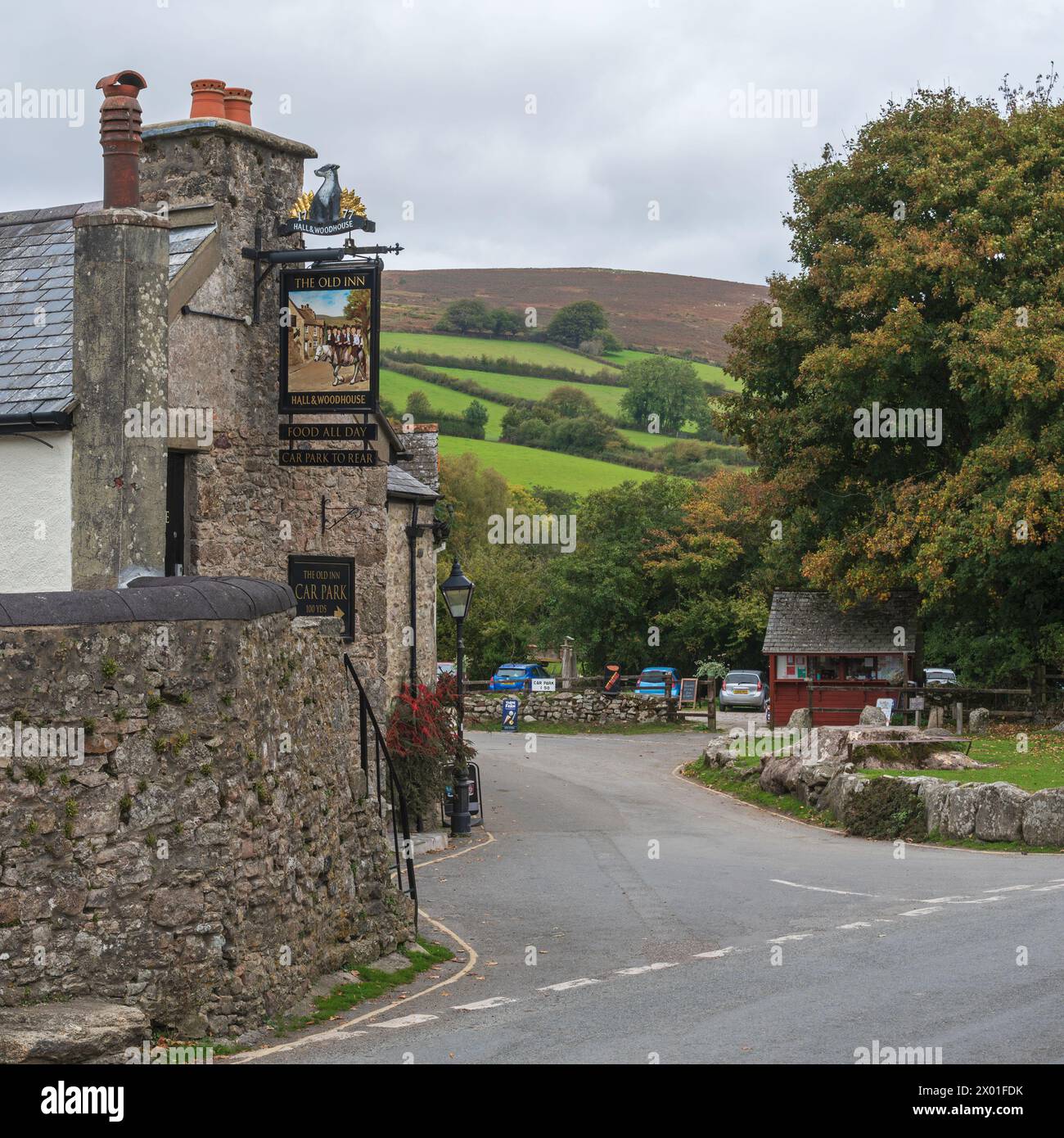 The Old Inn and Village green nel centro di Widecombe in the Moor, Dartmoor, Devon, Inghilterra, Regno Unito Foto Stock