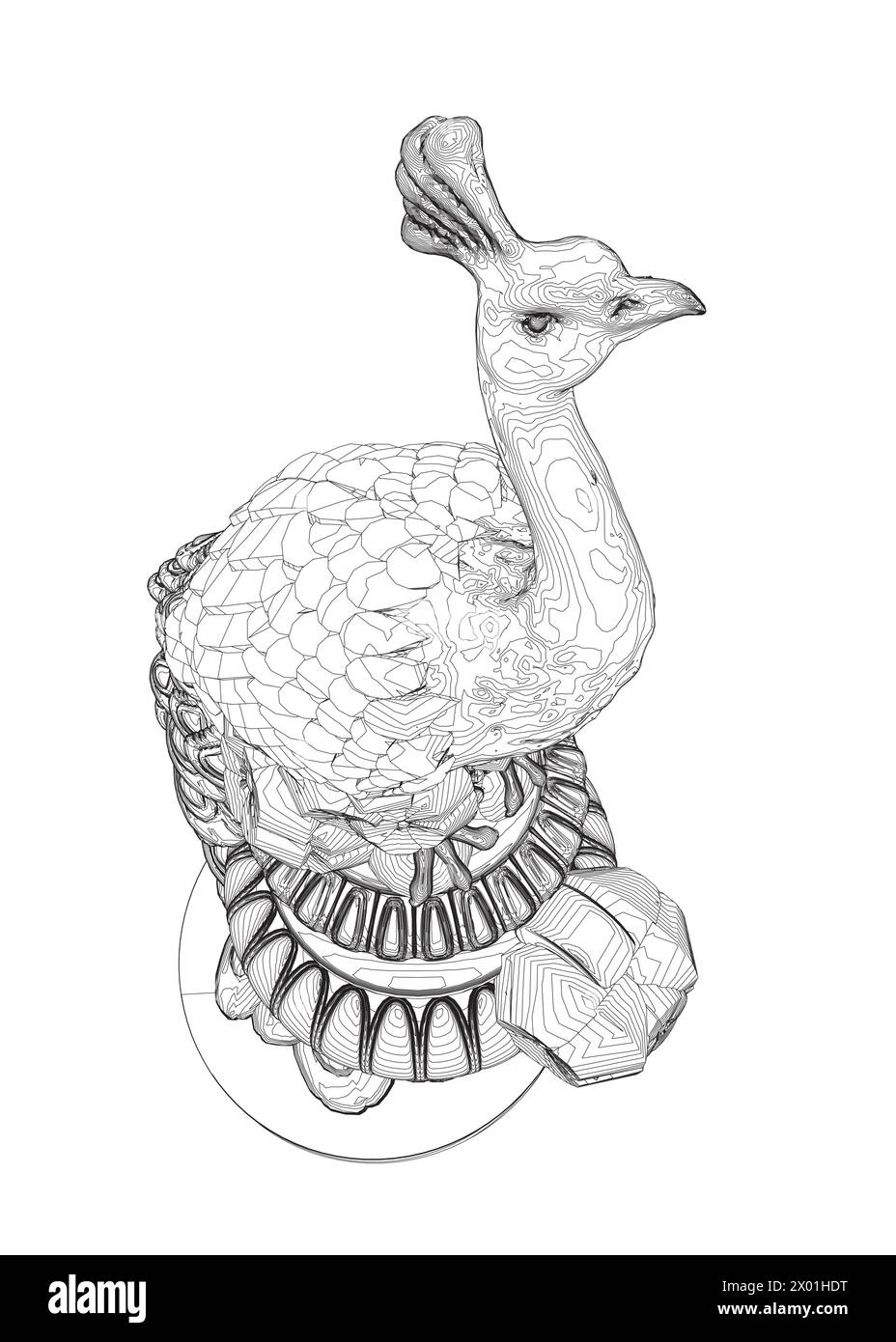 Pavone decorativo. Pagina colorazione anti-stress per adulti. Scarabocchio disegnato a mano in bianco e nero per libro da colorare. Vector Black and White Floral Peacock Illust Illustrazione Vettoriale