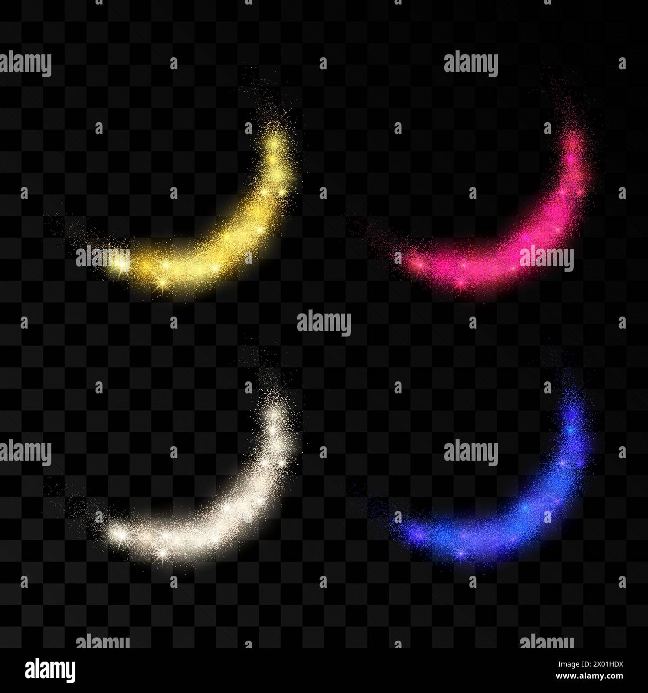 Set di quattro onde luminose con effetti glitter oro, argento, rosso e blu su sfondo scuro trasparente. Linee di turbolenza astratte. Illustrazione vettoriale Illustrazione Vettoriale