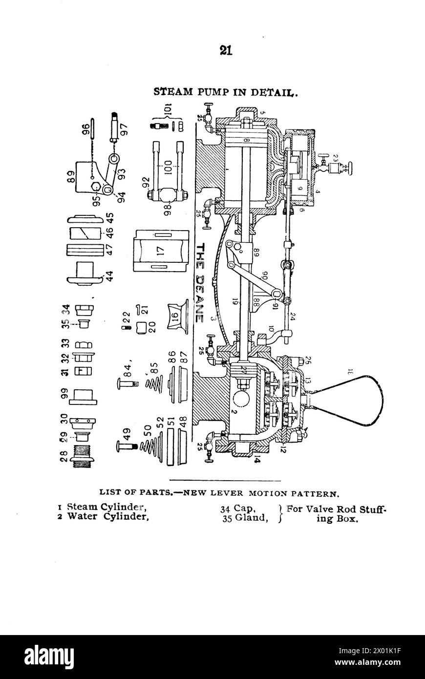 Immagine di una pompa a vapore che mostra il cilindro del vapore, il cilindro dell'acqua, il tappo e il premistoppa. Dal libro "Illustrated Practical test, examination and ready reference book di otto Stephenson per ingegneri stazionari, locomotive e marini, vigili del fuoco, elettricisti e macchinisti, per ottenere la licenza di ingegnere a vapore" (1891). Foto Stock