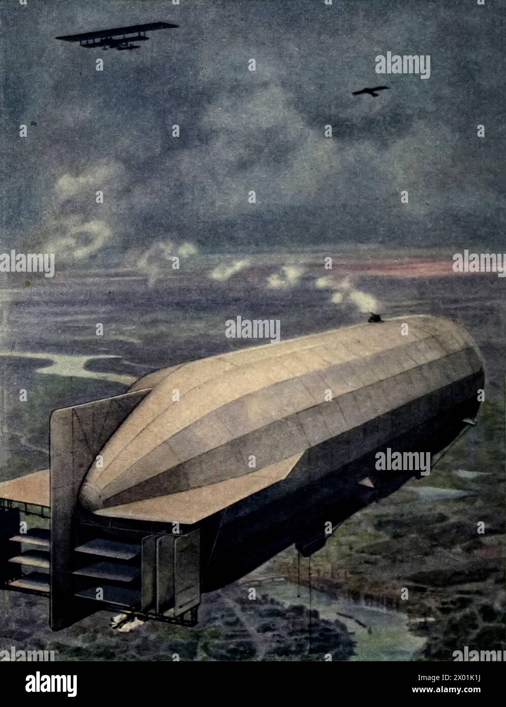 Zeppelin attaccato da aerei, illustrazione. Frontespizio da "la storia della grande guerra; i resoconti storici completi degli eventi fino ad oggi, volume III" (1920). Foto Stock