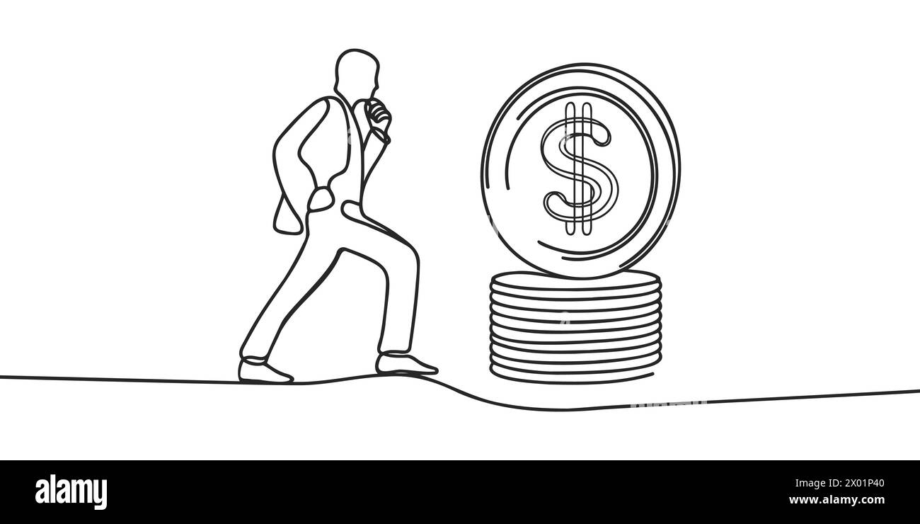 Una linea continua che disegna moneta da un dollaro. Concetto di valuta del paese. Disegno a linea singola. Illustrazione Vettoriale