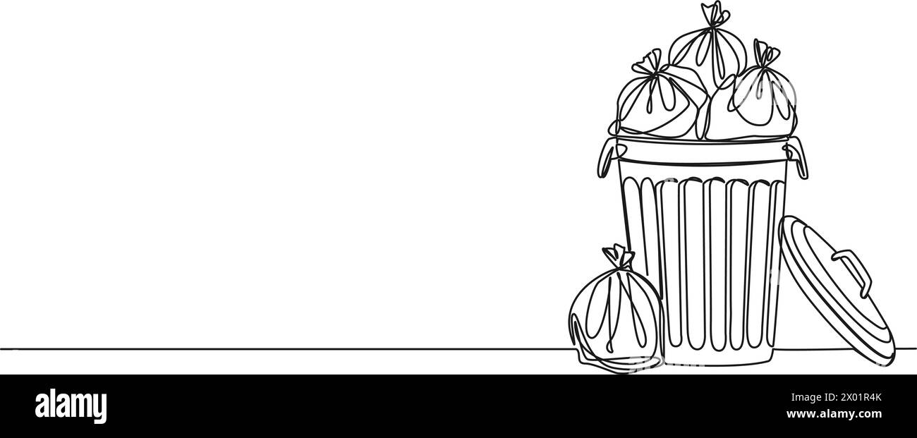 il disegno continuo di una singola linea del cestino trabocca di sacchetti di rifiuti, illustrazione vettoriale di disegni di linee Illustrazione Vettoriale