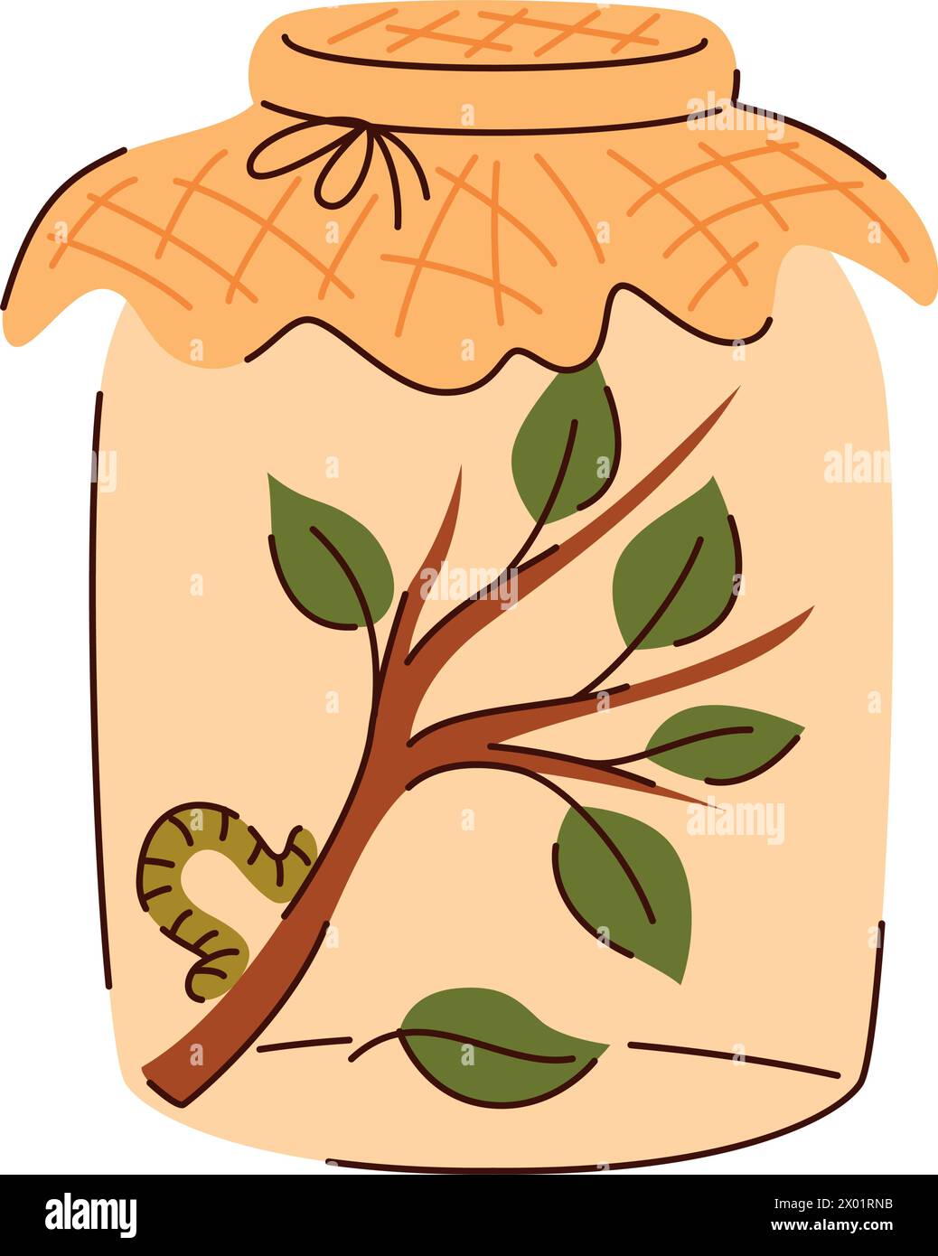 Illustrazione di un bruco di insetti contenuto in un vaso di vetro su un ramo con foglie Illustrazione Vettoriale