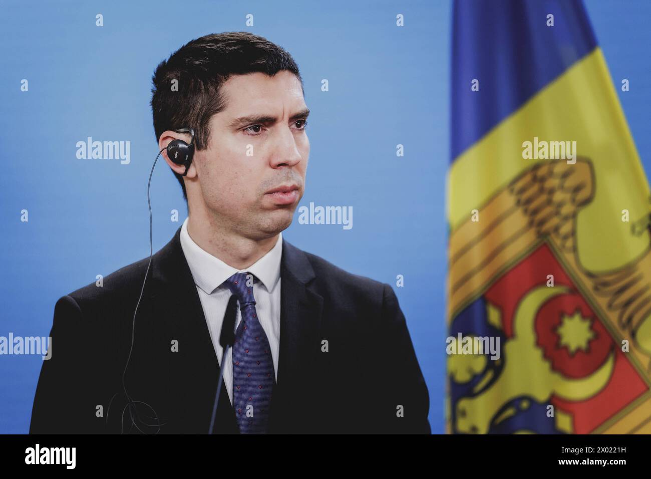 Mihai Popsoi, Aussenminister von Moldau, aufgenommen im Rahmen einer Pressekonferenz mit der deutschen Aussenministerin im Anschluss eines gemeinsamen Gespraeches a Berlino, 09.04.2024. / Fotografiert im Auftrag des Auswaertigen Amtes. Berlin Deutschland *** Mihai Popsoi, ministro degli Esteri della Moldavia, fotografato durante una conferenza stampa con il ministro degli Esteri tedesco a seguito di una riunione congiunta a Berlino, 09 04 2024 fotografato per conto del Ministero degli Esteri federale di Berlino Germania Copyright: xFlorianxGaertnerxAAxphotothek.dex Foto Stock