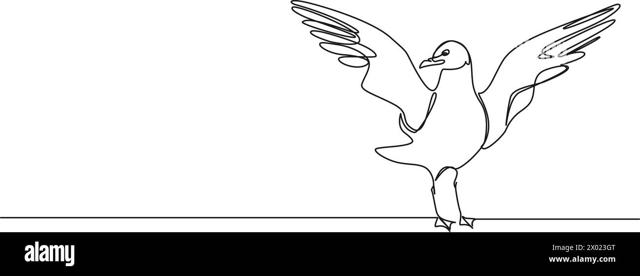 disegno continuo a linea singola di gabbiano in piedi, spalmatura delle ali, illustrazione vettoriale line art Illustrazione Vettoriale