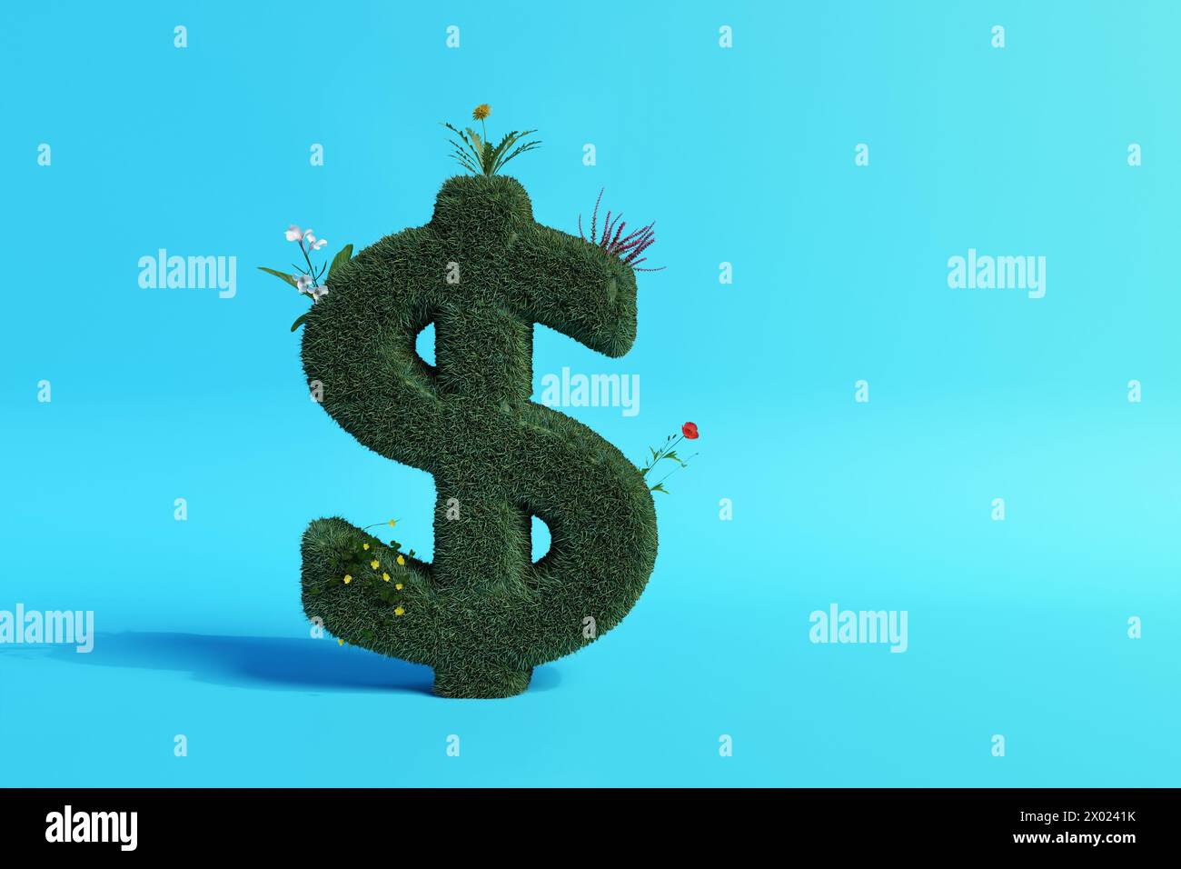 L'erba che ricopre il simbolo del dollaro con alcuni fiori e piante che crescono su di esso su sfondo azzurro. Alternative Investments, greenhorn e nuova startup Foto Stock