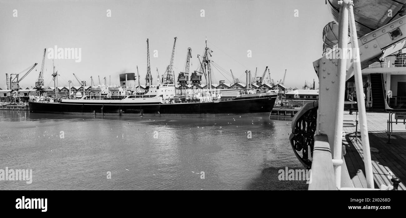 Città del Capo, Sud Africa. MV Carnatic (1957) in Cape Town Port, 1957. Nave da carico refrigerata costruita da Cammell Laird (Ship Building & Engineering) Co Ltd., Birkenhead, di proprietà di Shaw, Savill & Albion Co Ltd., Southampton Foto Stock