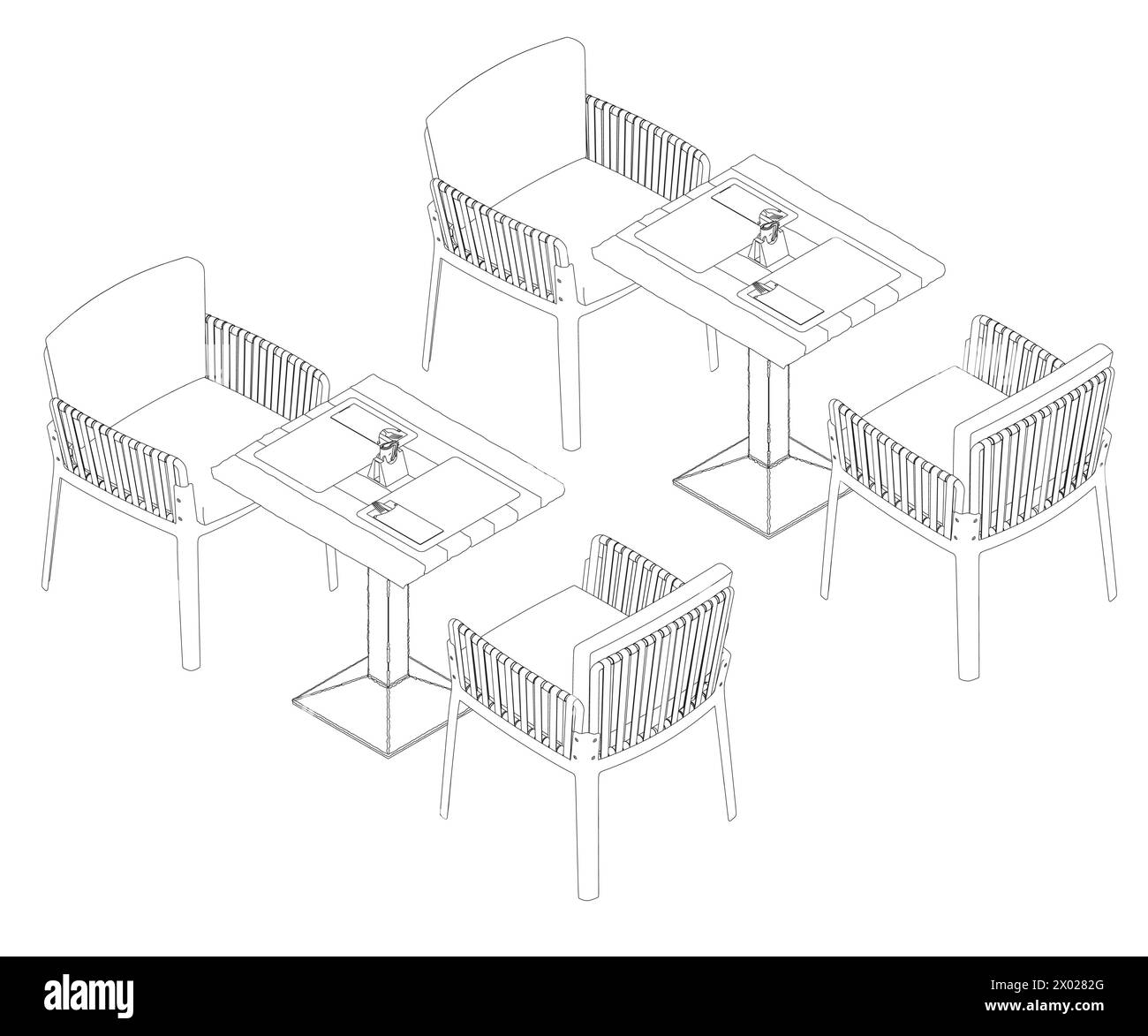 Contorno di sedie e tavoli con forchette, coltelli e tovaglioli. Vista isometrica. 3D. Illustrazione Vettoriale
