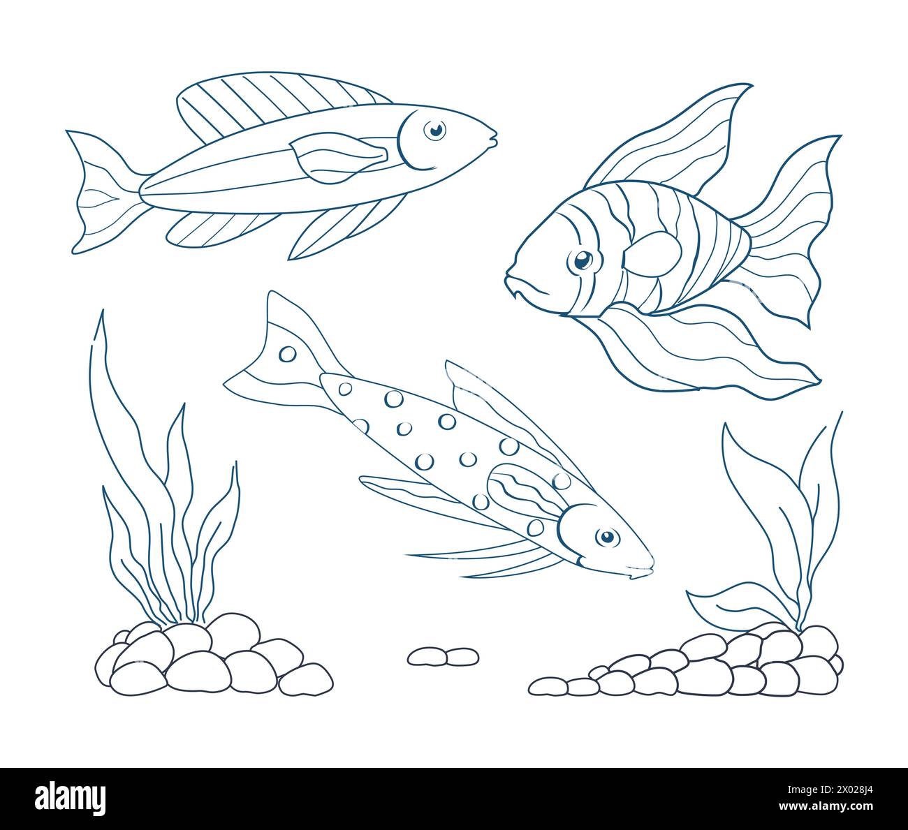 Set di pesci subacquei. Pesce rosso, geofago e pesce a strisce. Pietre con alghe sul fondo. Illustrazione vettoriale Illustrazione Vettoriale