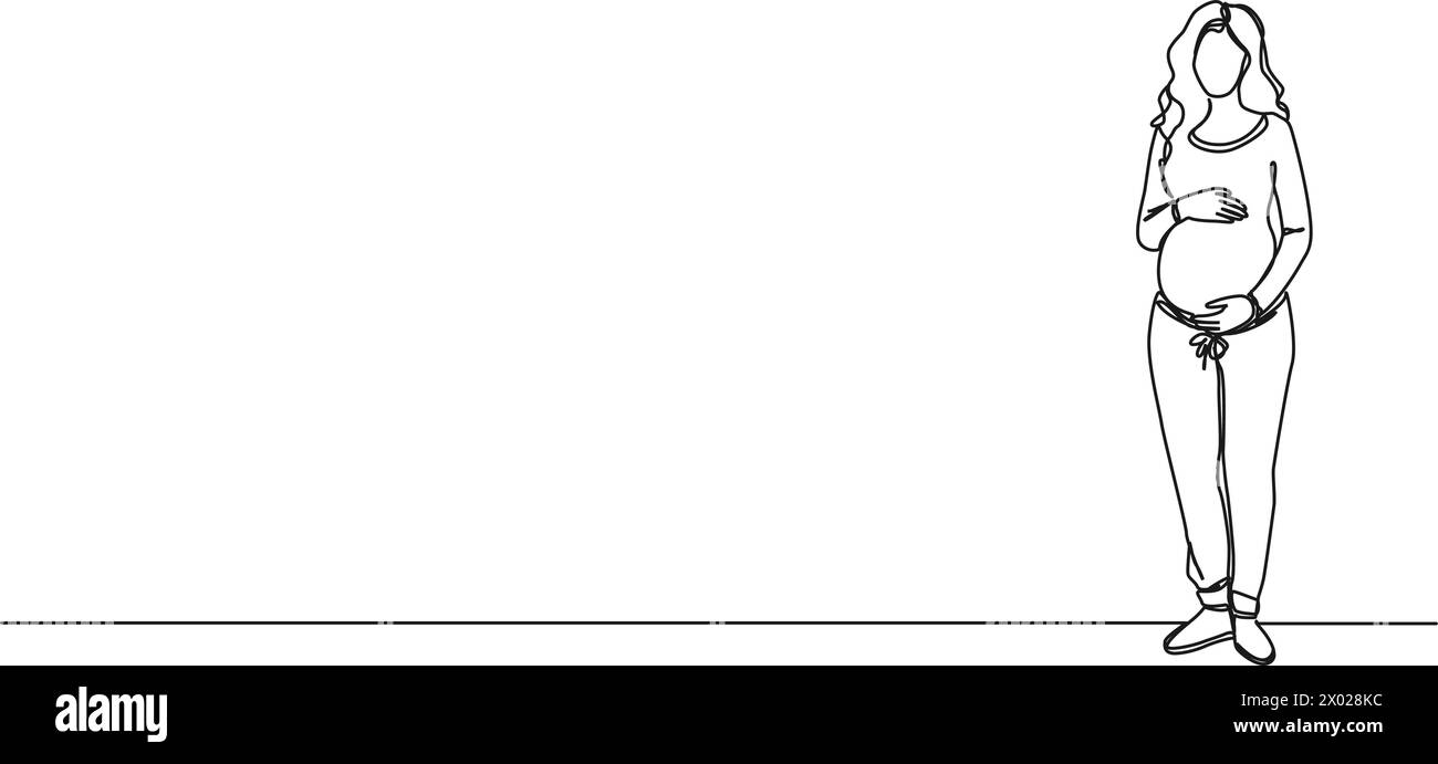 disegno continuo su una sola linea di donna incinta che tiene la pancia con entrambe le mani, illustrazione vettoriale grafica di linea Illustrazione Vettoriale