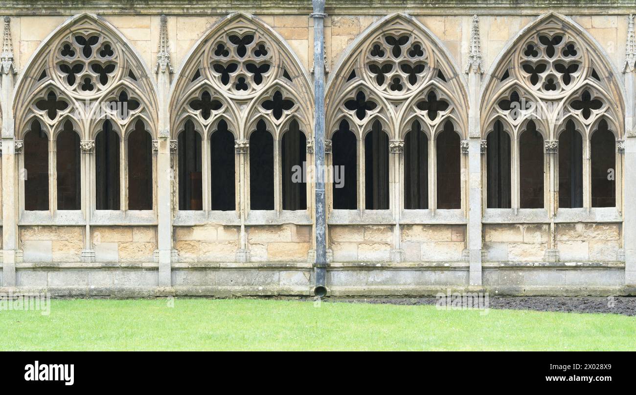 Finestre aperte decorate lungo il chiostro nella cattedrale di Lincoln, Inghilterra. Foto Stock