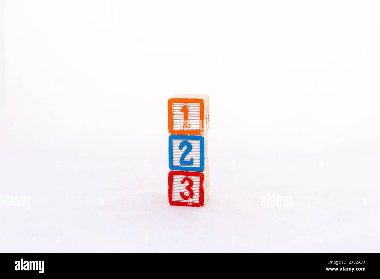 Una torre verticale di uno , due e tre blocchi numerici isolati su sfondo bianco Foto Stock