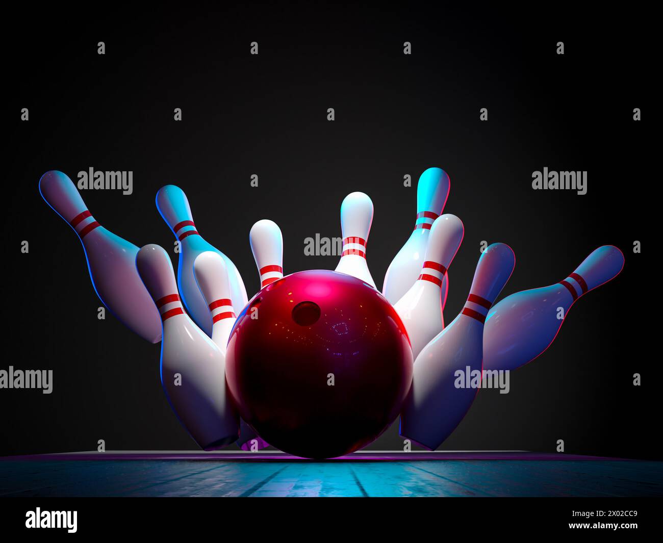palla da bowling che colpisce i birilli, sfondo scuro. rendering 3d. Foto Stock