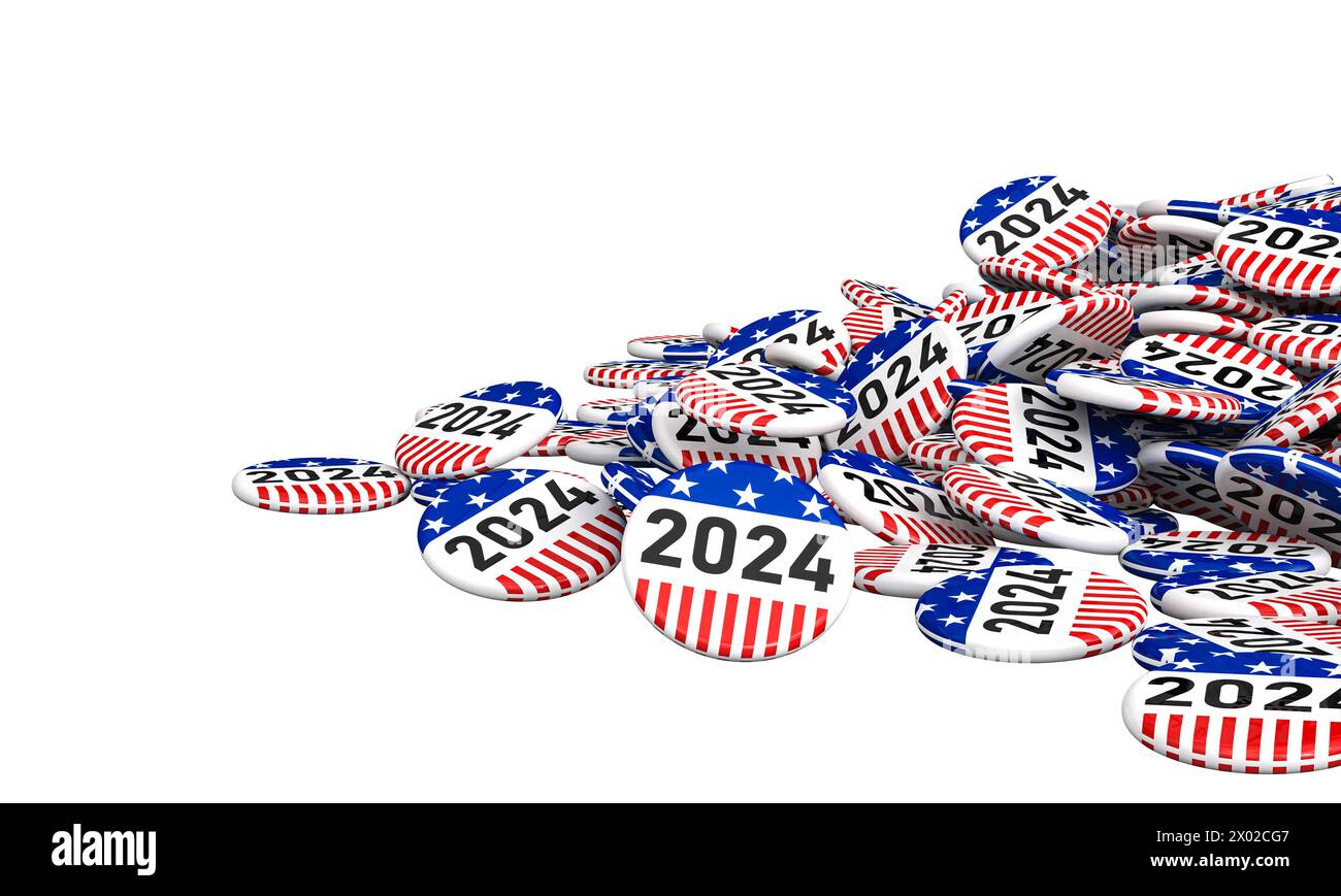 La campagna elettorale americana patriottica del 2024 bottoni isolati sul bianco. rendering 3d. Foto Stock