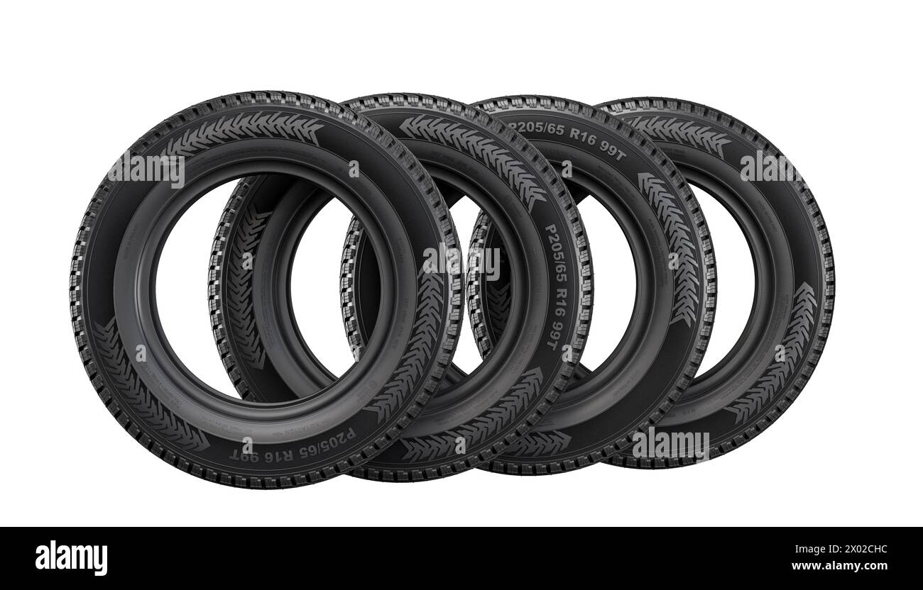 Una pila di nuovi pneumatici per auto con rendering 3d su sfondo bianco Foto Stock