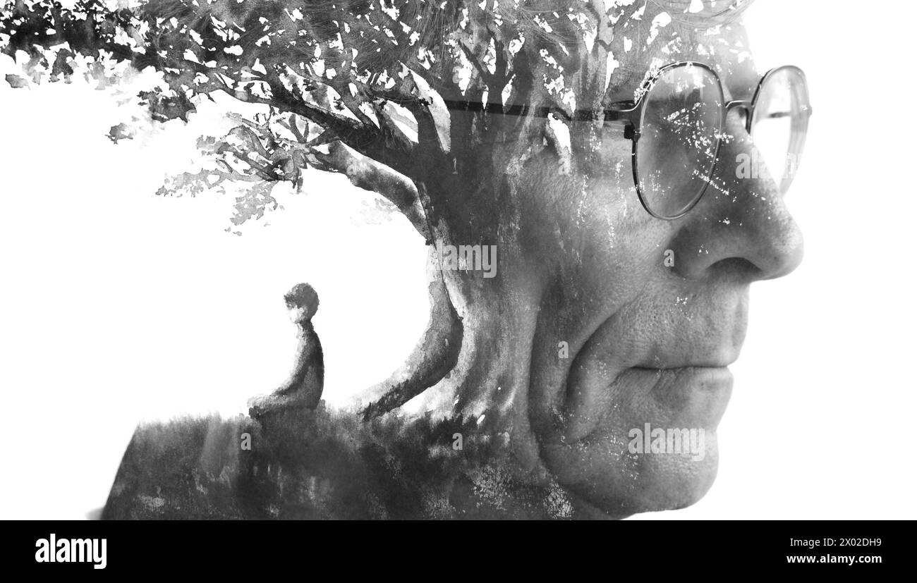 Un profilo surreale di un vecchio con gli occhiali Foto Stock