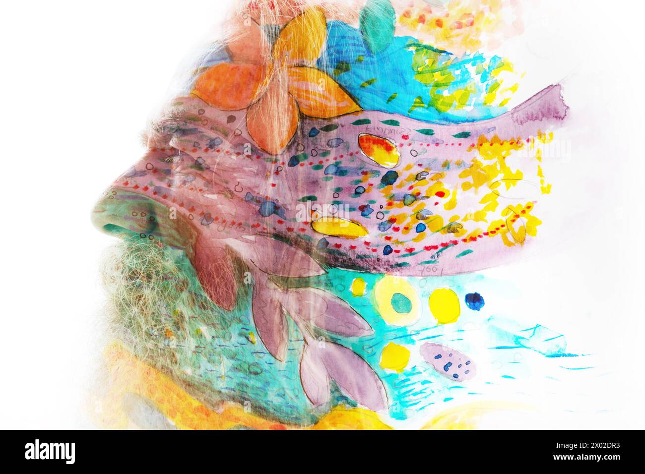 Il profilo di un vecchio si fonde con un dipinto astratto in una pittura pittorica Foto Stock