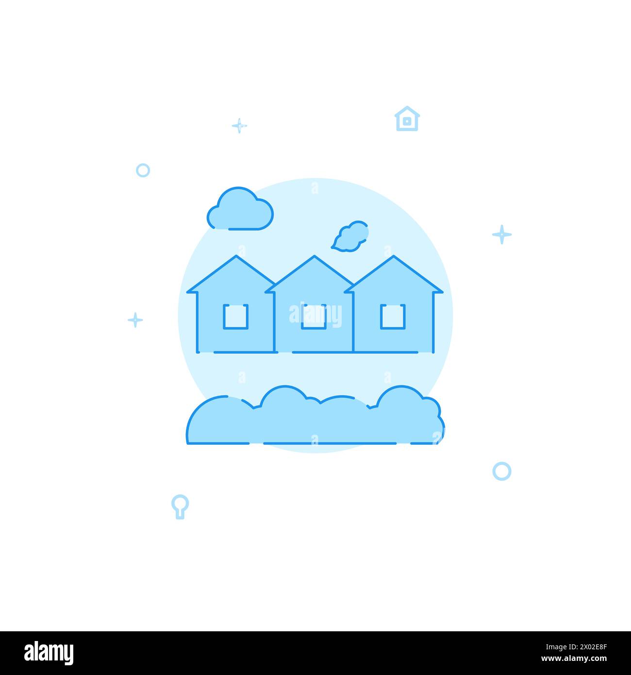 Case di città, icona vettoriale del villaggio. Illustrazione piatta. Stile linea riempito. Design monocromatico blu. Traccia modificabile. Regolare lo spessore della linea. Illustrazione Vettoriale