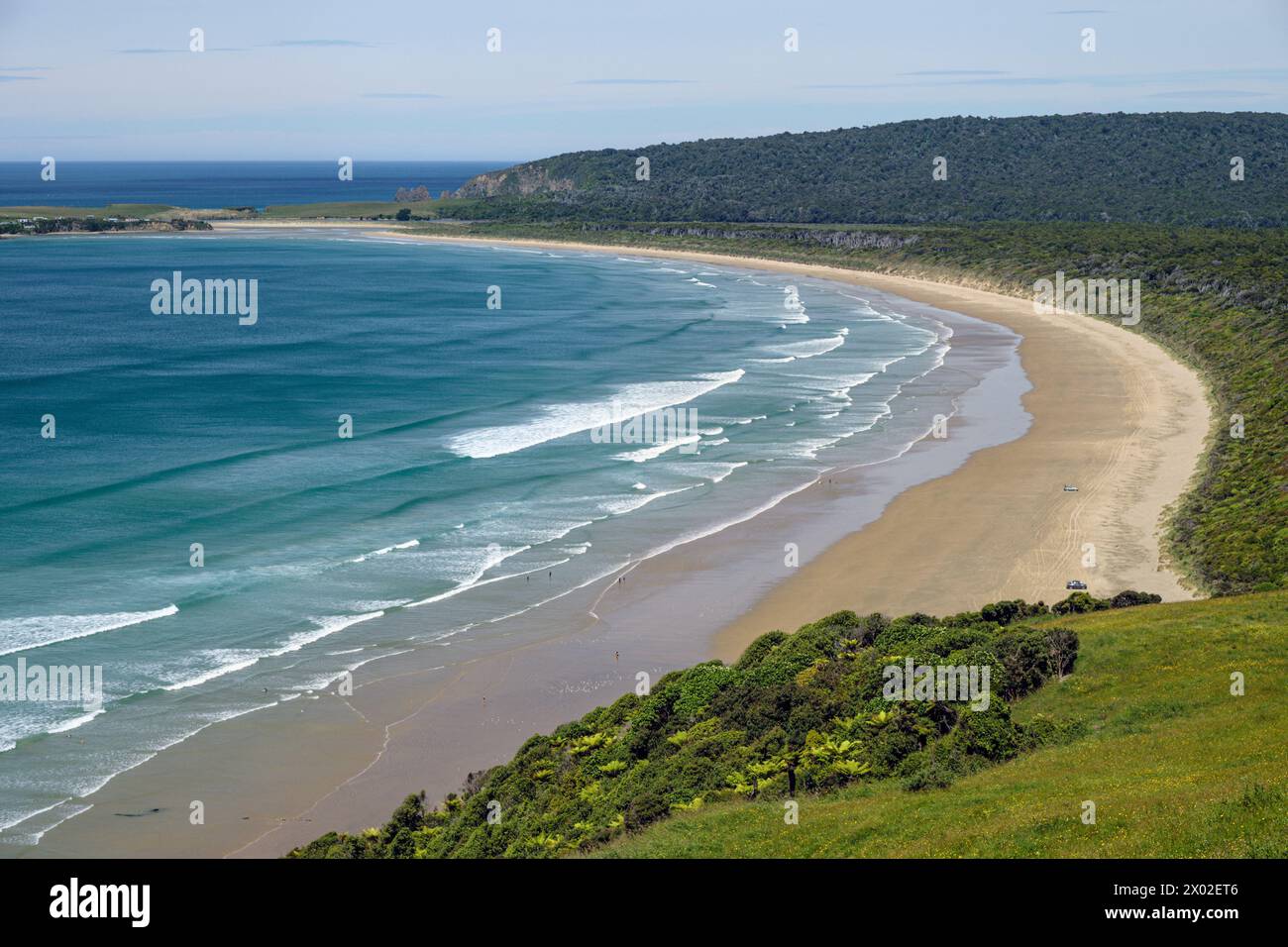 Spiaggia di Tautuku dal punto di osservazione di Florence Hill a Catlins, Otago, South Island, nuova Zelanda Foto Stock