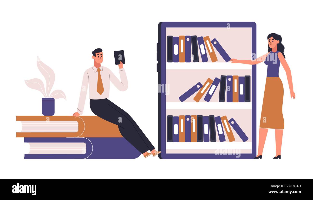 E-learning, studio online, webinar, e-Library, libri di lettura Illustrazione Vettoriale