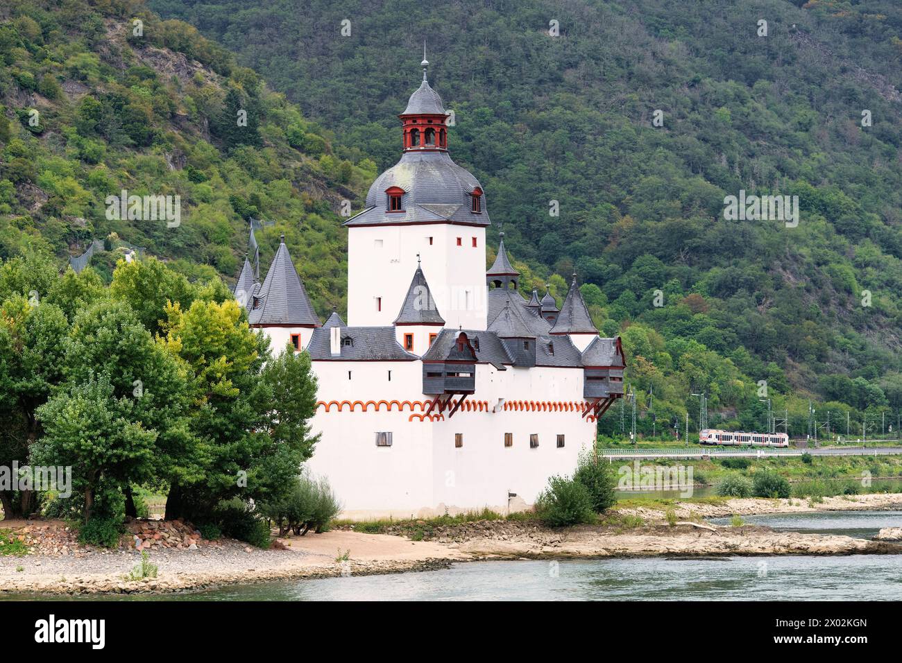 Castello di Pfalzgrafenstein sull'isola di Falkenau, fiume Reno, Kaub, Renania Palatinato, Germania, Europa Foto Stock
