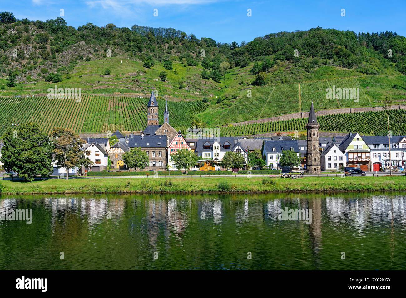 Vista su Cochem e sul fiume Mosella, Cochem, Renania Palatinato, Germania, Europa Foto Stock