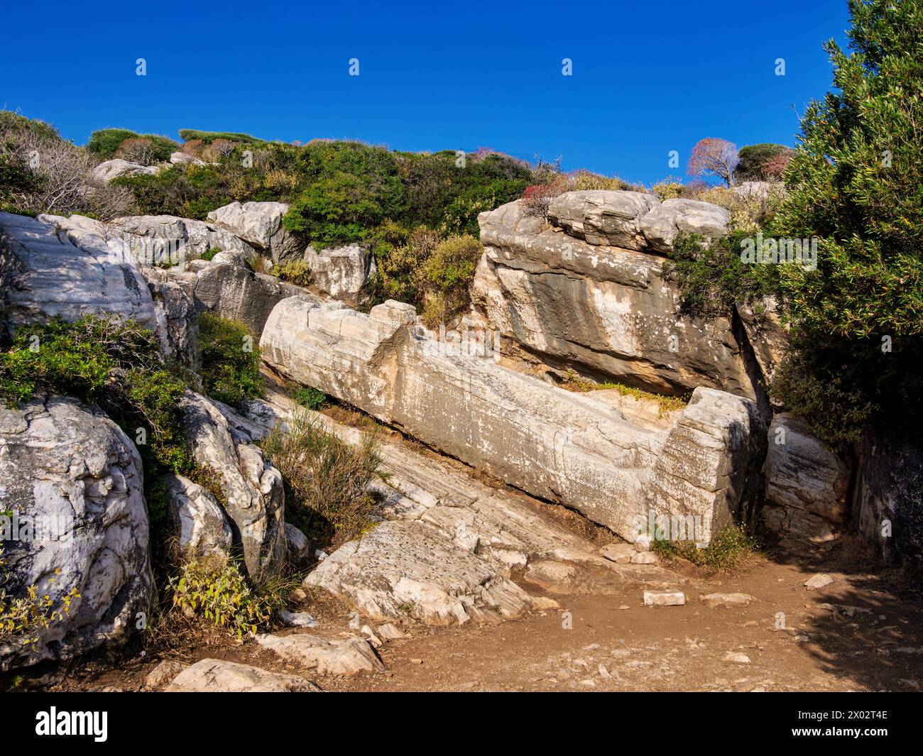 Statua di Dioniso, cava arcaica di marmo, Apollonas Kouros, isola di Naxos, Cicladi, isole greche, Grecia, Europa Foto Stock