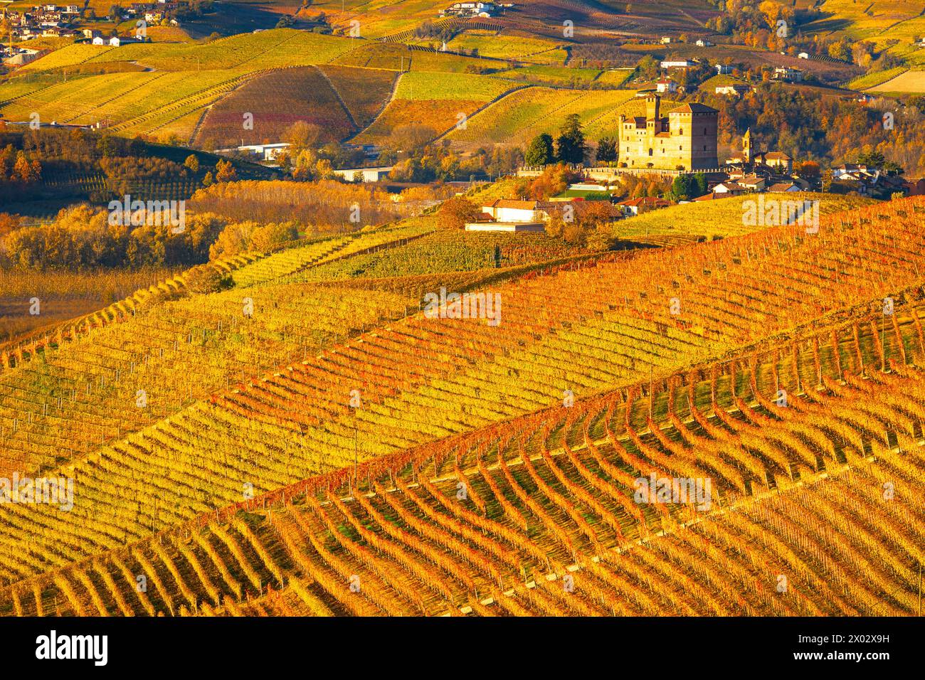 Splendida vista del castello di Grinzane Cavour e dei vigneti, in una giornata d'autunno, patrimonio dell'umanità dell'UNESCO, provincia di Cuneo, Piemonte, Italia, Europa Foto Stock